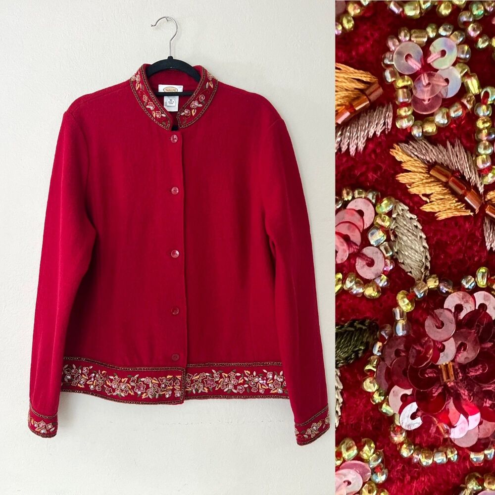 Vintage Talbots Boiled Wool Red Sweater Jacket Romantic Beaded Embroidered Sz XL